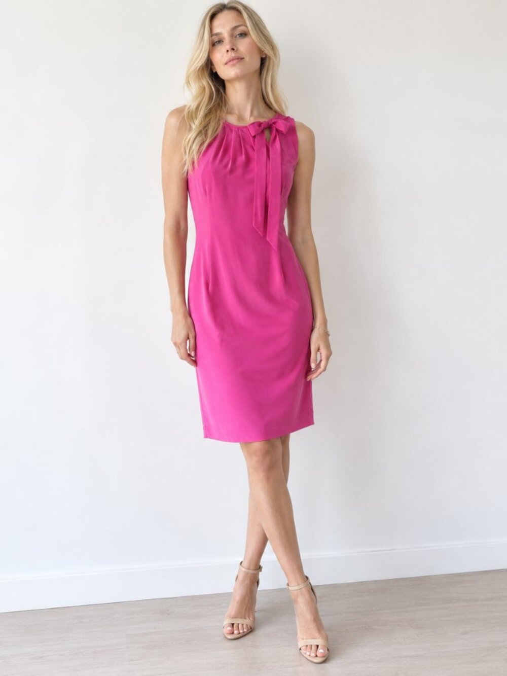 Ann Taylor Petites Fuchsia Pink 100% Silk Bow Neck Sheath Dress Office Party 2 P